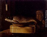 Still Life Of A Carp In A Bowl Placed On A Wooden Box, All Resting On A Table by Sebastien Stoskopff